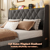 Queen Size Bed Frame with Storage Headboard and 2 Drawers, Upholstered Button Linen Platform Bed frame with Led Lights and Charging Station, No Box Spring Needed, Easy Assembly, Noise Free, Gray TIGUBFRE