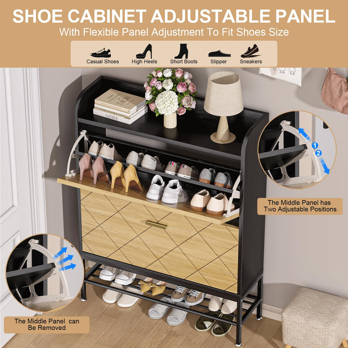 VTRIN Shoe Cabinet for Entryway Shoe Storage Cabinet with 2 Flip Drawers, Sturdy Wooden Boot Organizer Narrow Sneaker Rack for Front Door Entrance, Hallway, Small Space, Black VTRIN