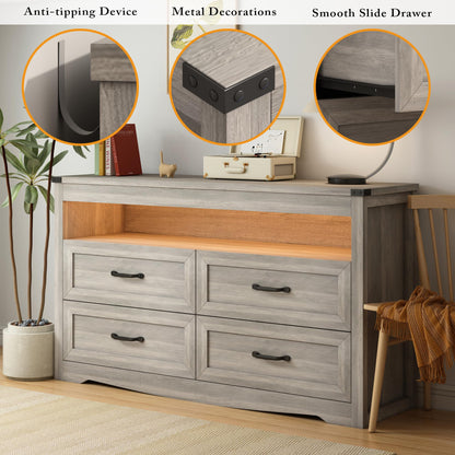 Wodeer 4 Drawer Dresser Chests with LED Light,Wide Chest of Drawers with Metal Handles,Wood Dresser for Storage and Organization for Bedroom,Living Room, Nursery,Hallway,Gray - WoodArtSupply