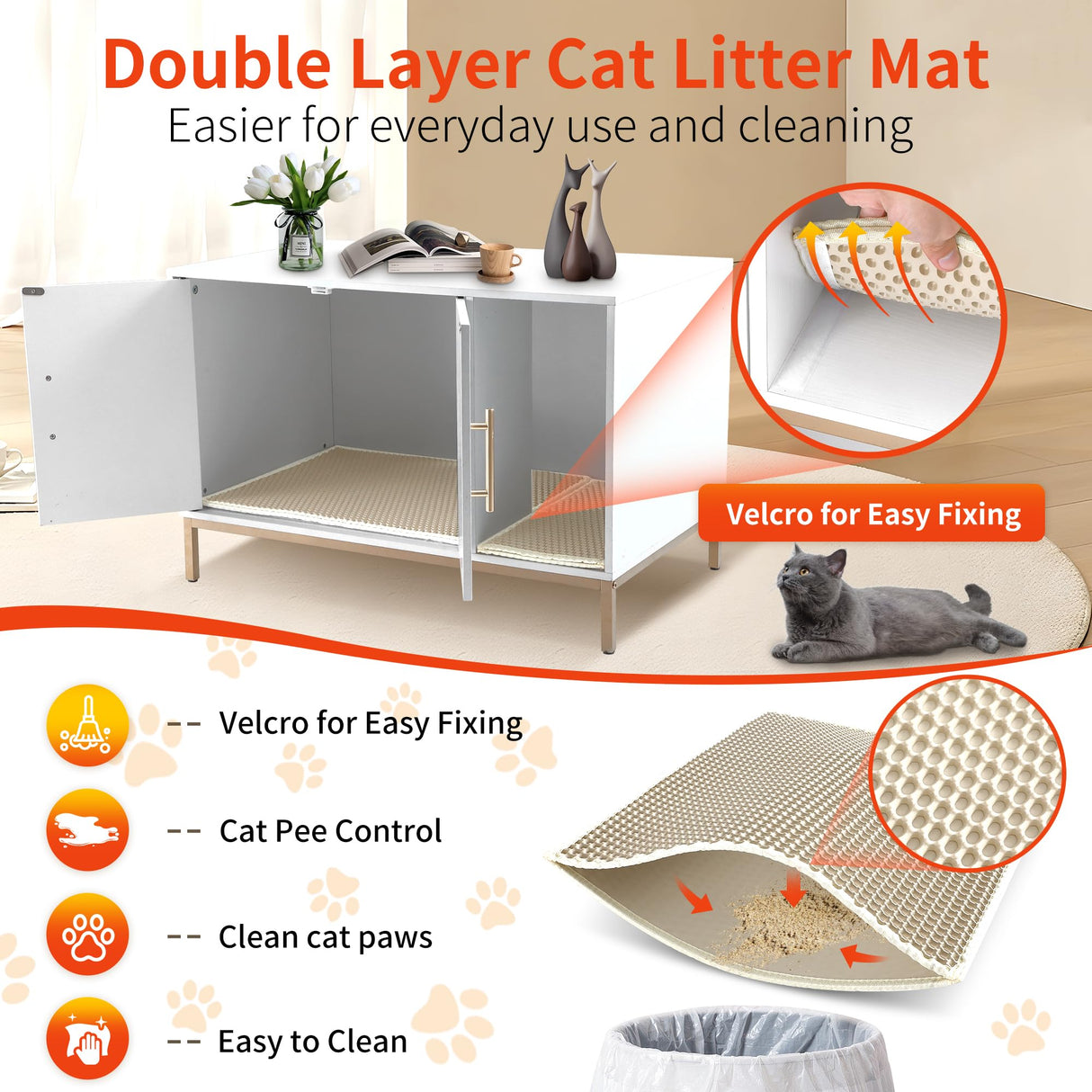 Hersinsem Cat Litter Box Enclosure Furniture with Double-Layer Litter Mat,Designer-Crafted Litter Box Furniture,Hidden Litter Box Serve as Side End Table&TV Table Fits Most Litter Boxes HERSINSEM