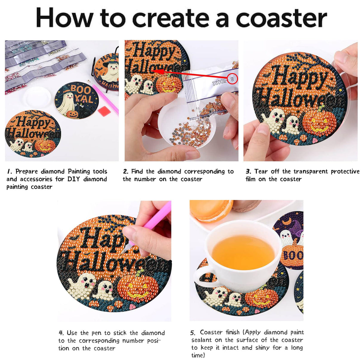 8 Pcs Diamond Paintings Coasters Kits with Holder, DIY Halloween Coaster Diamond Art Kits,Full Drill Rhinestone Painting Kits for Adults, DIY Drink Coasters Art Crafts Supplies for Home Decor House mjcakrn