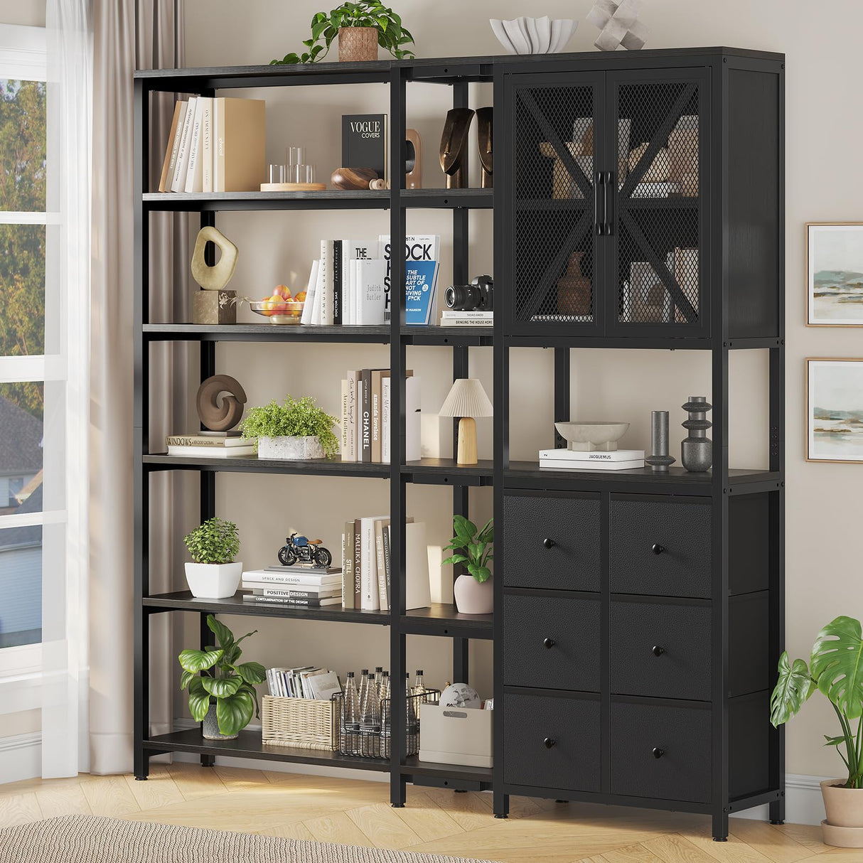 HAUOMS Corner Bookshelf, 6 Tier Industrial Convertible Bookshelf with 6 Fabric Drawers, Corner Bookcase Large L Shaped Storage Display Shelf for Home Office, Living Room, Kitchen, Black HAUOMS