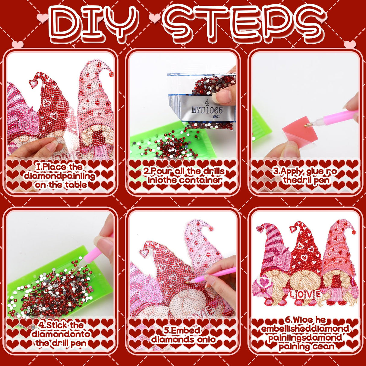 Chiisong 6 Pcs Valentine's Day Diamond Painting Glow in The Dark Diamond Art Painting Kits Flower Truck Wreath Love Gnome Tree Hanging Ornaments for DIY Holiday Decoration Gift Chiisong