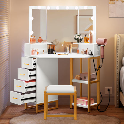 YITAHOME Vanity Desk with Lights, Power Outlet, 3 Color Options, Storage Drawers, Shelves, Stool - White - WoodArtSupply