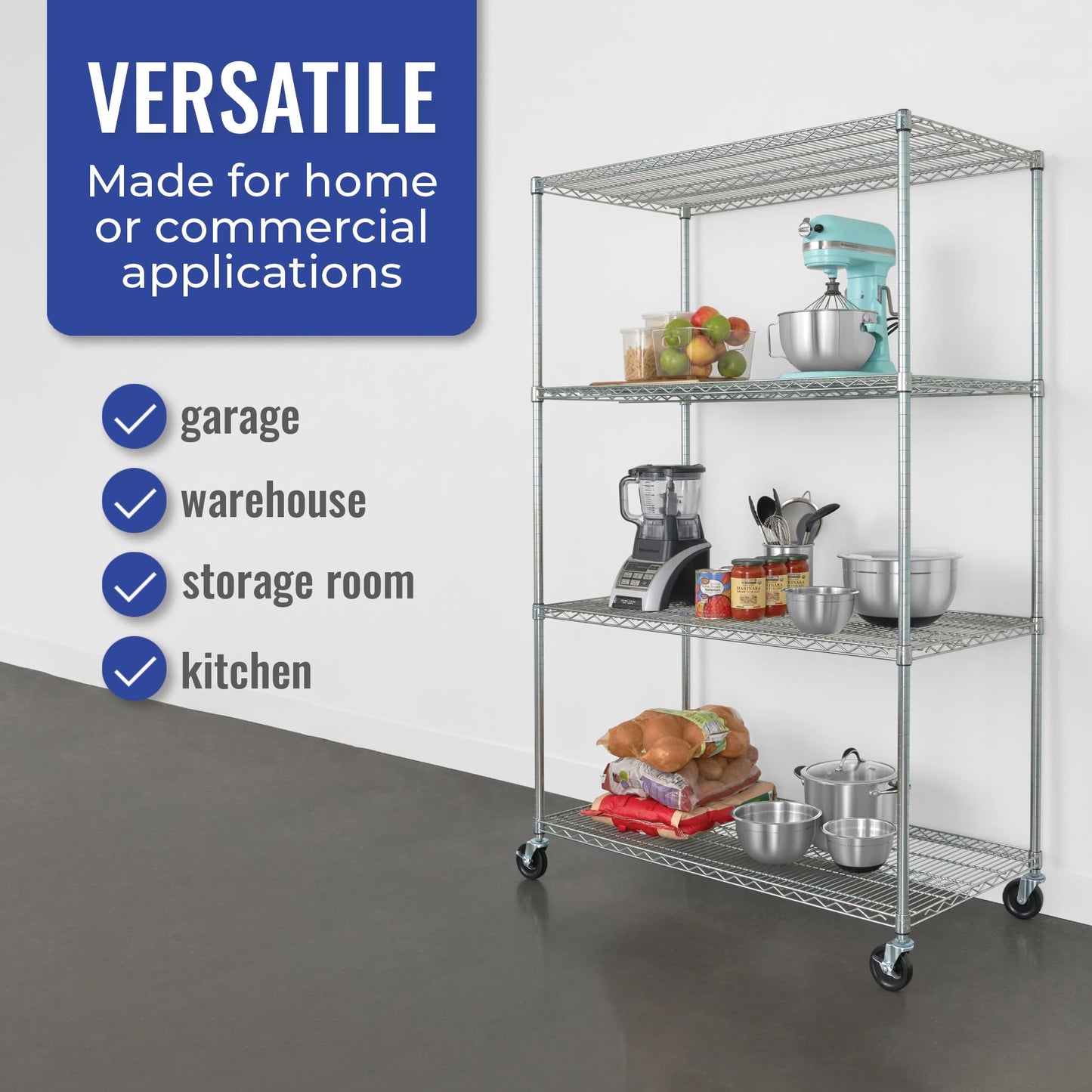 SafeRacks NSF Certified Storage Shelves, Heavy Duty Steel Wire Shelving Unit with Wheels and Adjustable Feet, Used as Pantry Shelf, Garage or Bakers Rack Kitchen Shelving - (24"x48"x72" 4-Tier)