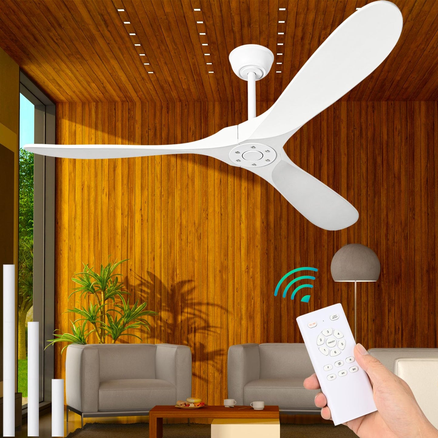 YKXONFA Solid Wood Ceiling Fans Without Light, 60 inch Real Wood Ceiling Fan with 6-Speeds 3 Wood Blades, Indoor Outdoor Ceiling Fans for Garage, Farmhouse, Living Room, Bedroom, Office