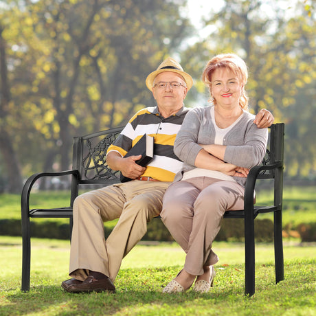 VIVOHOME 50 Inch Outdoor Garden Bench Cast Iron Metal Frame Patio Park Benches for Porch Yard Lawn with Pattern Backrest VIVOHOME