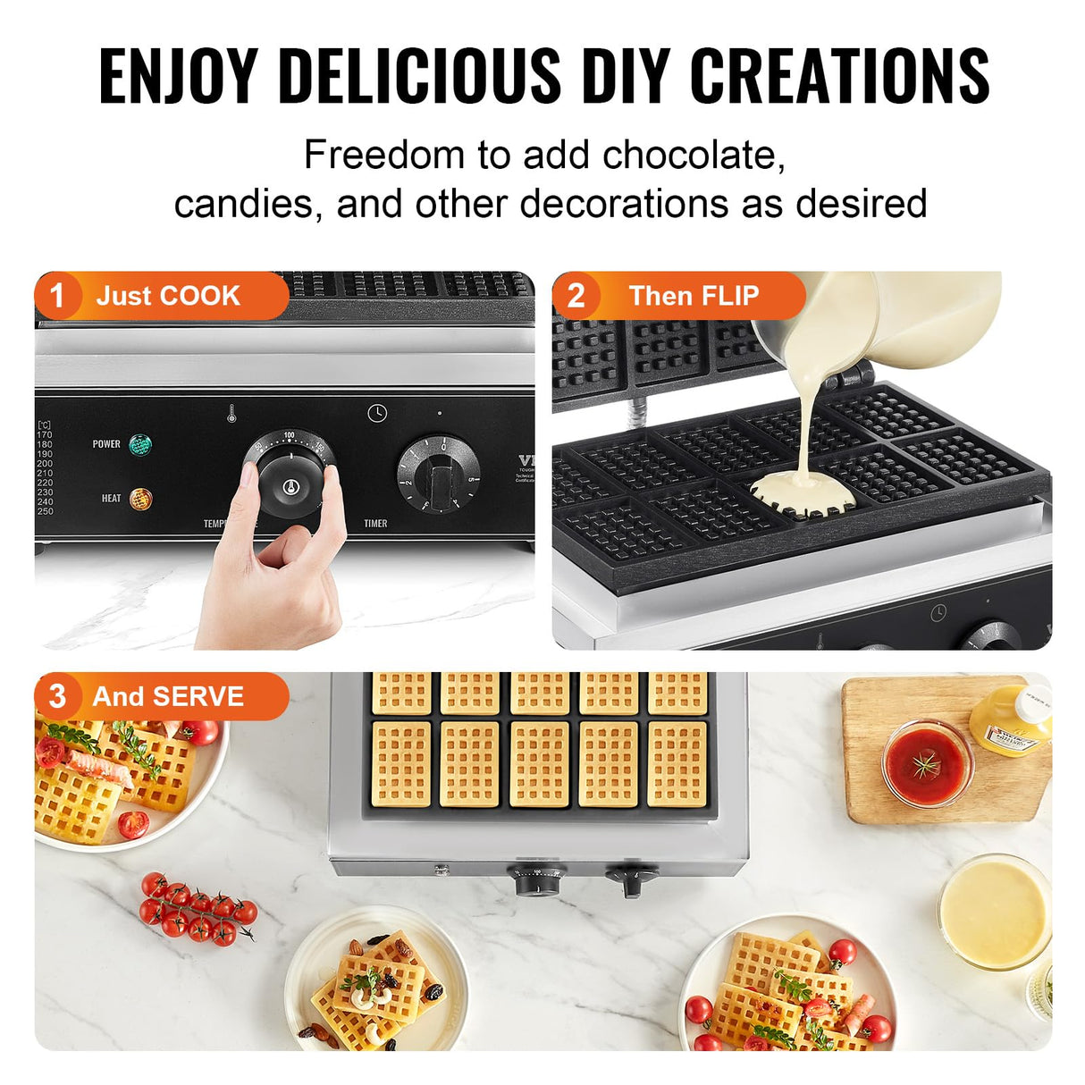 VEVOR Commercial Waffle Maker, 10PCS Rectangle Waffle Baker Machine, 1550W Non-Stick Stainless Steel Belgian Waffle Iron with Temp and Time Control, Handle, for Restaurant Bakery Snack Bar Family VEVOR