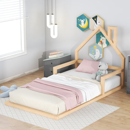 Bellemave Twin Size Montessori Floor Bed with House-Shaped Headboard and Railings in Natural Finish