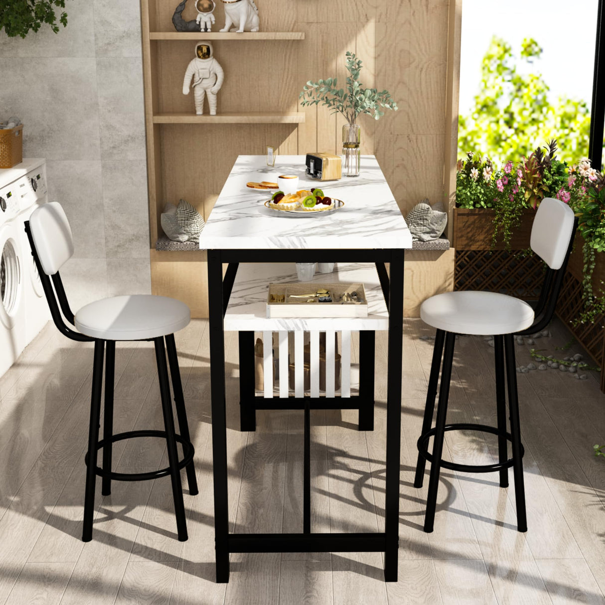 AWQM 3-Piece Bar Table and Chairs Set, Modern White Faux Marble Table with 2 PU Cushion Bar Stools, Kitchen Counter with 3 Tier Storage Shelves, Space Saving Table for Home & Kitchen, Black Frame AWQM