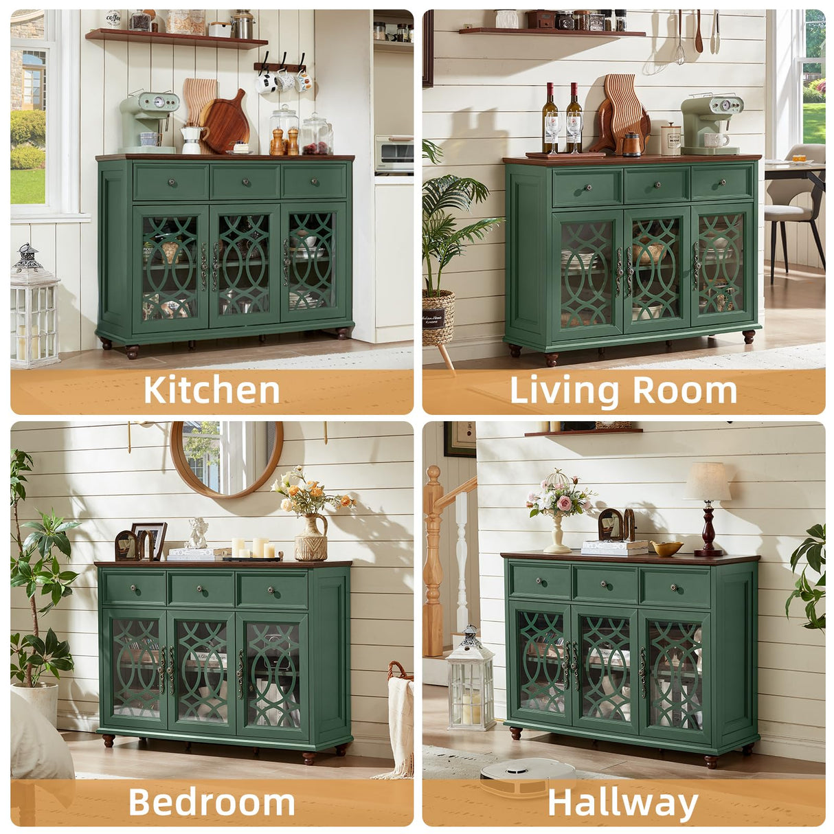 Joaxswe Farmhouse Sideboard Buffet Cabinet with Storage,48" Large Credenza with 3 Glass Doors & 3 Drawers,Adjustable Shelves Console Table,Wood Kitchen Coffee Bar for Dining Room,Living Room,Green Joaxswe