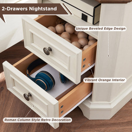 T4TREAM Farmhouse Nightstand with Charging Station, 18" End Table with 2 Drawers, Wood Side Table, Bedside Cabinet for Bedroom, Living Room (Antique White) T4TREAM
