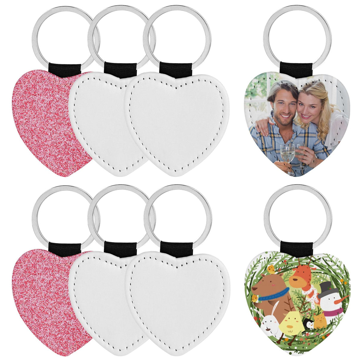 Framendino, 8 Pack Sublimation Blank Keychain Glitter PU Leather Love Heart Heat Transfer Key Chain for Personalized DIY Crafts Photo Pink Framendino