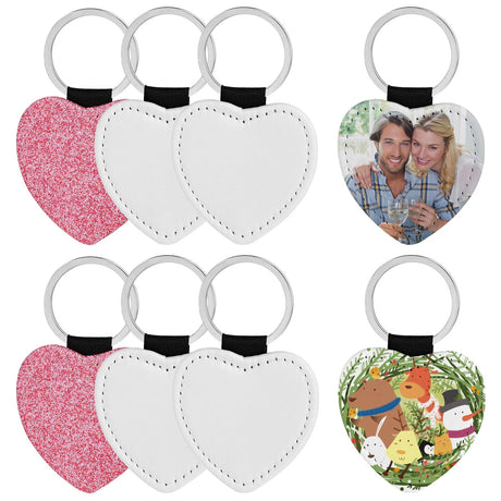 Framendino, 8 Pack Sublimation Blank Keychain Glitter PU Leather Love Heart Heat Transfer Key Chain for Personalized DIY Crafts Photo Pink Framendino