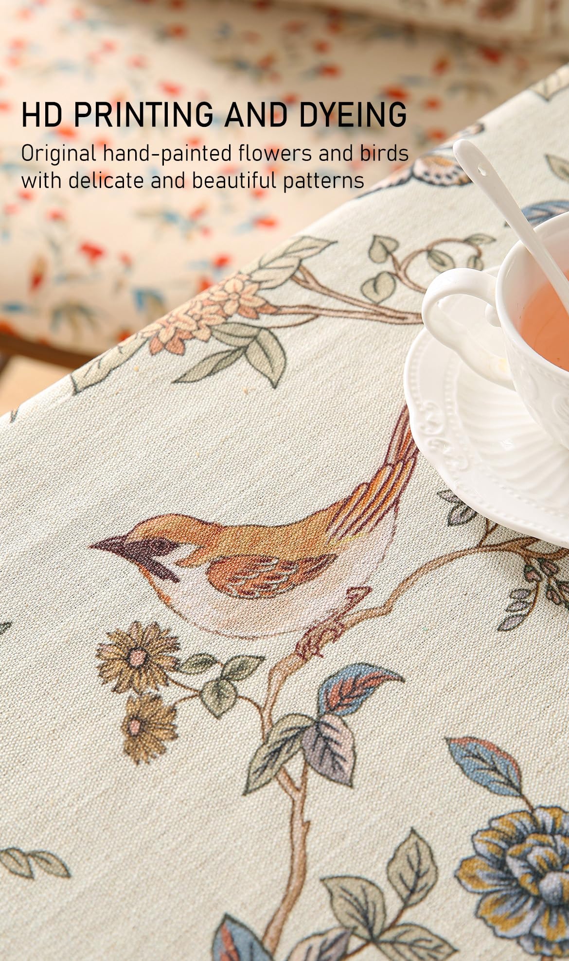 ISAENNE French Tablecloth for Rectangle Tables,Linen Table Cloth with Flowers and Birds Pattern,Heavy Durable Table Cover for Dining Thanksgiving Kitchen Decor Party Banquet Christmas,67"*118" ISAENNE