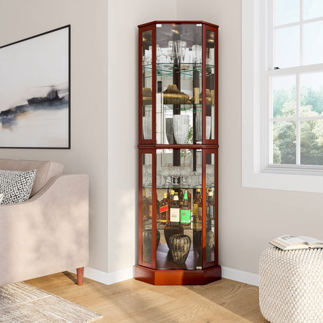 BELLEZE Lighted Corner Display Curio Cabinet Wooden Curved Shelving Unit with Tempered Glass Door, Bar and Liquor Storage Area with 6 Shelves - BELLEZE