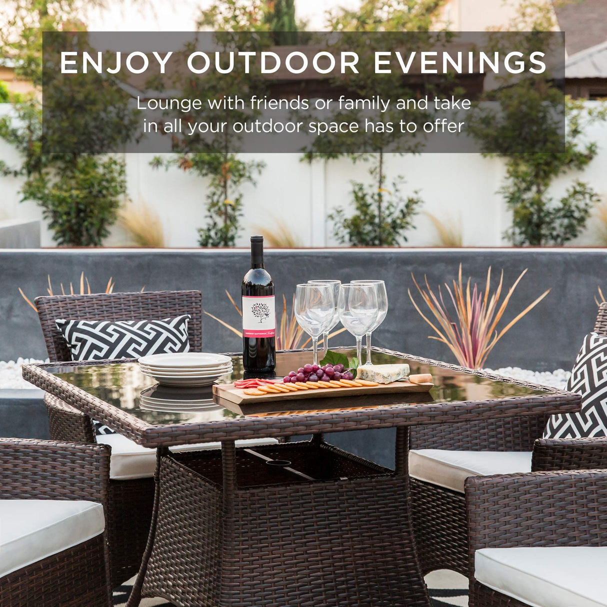 Best Choice Products 5-Piece Indoor Outdoor Wicker Dining Set Furniture for Patio, Backyard w/Square Glass Tabletop, Umbrella Cutout, 4 Chairs - Cream Best Choice Products