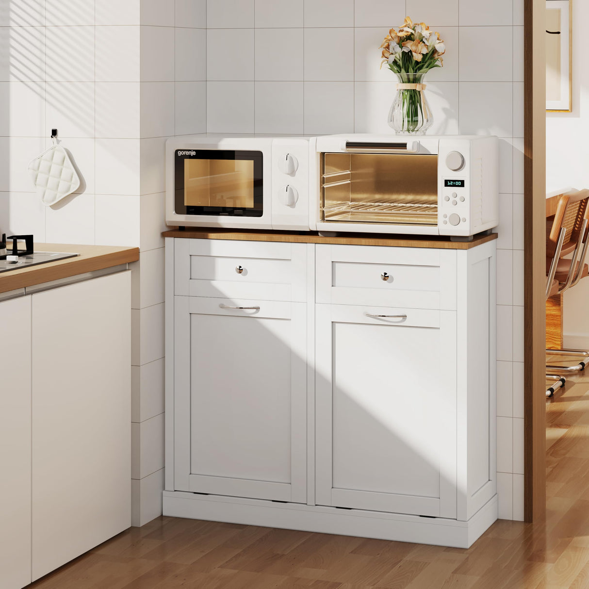 Yongchuang Double Tilt Out Trash Can Cabinet 20 Gallon, Kitchen Wooden Hidden Garbage Can Cabinet with Drawer, Tilt Out Laundry Hamper Cabinet with Storage White Yongchuang