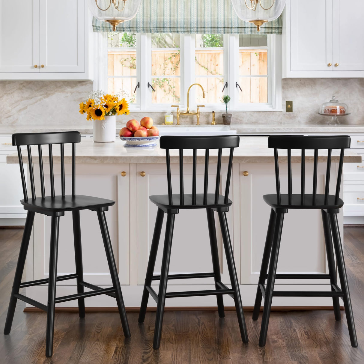 LUE BONA Windsor Wooden Bar Stools Set of 3 for Kitchen Island, Farmhouse 26 Inch Counter Height Stools Chairs with Spindle Back, Black LUE BONA