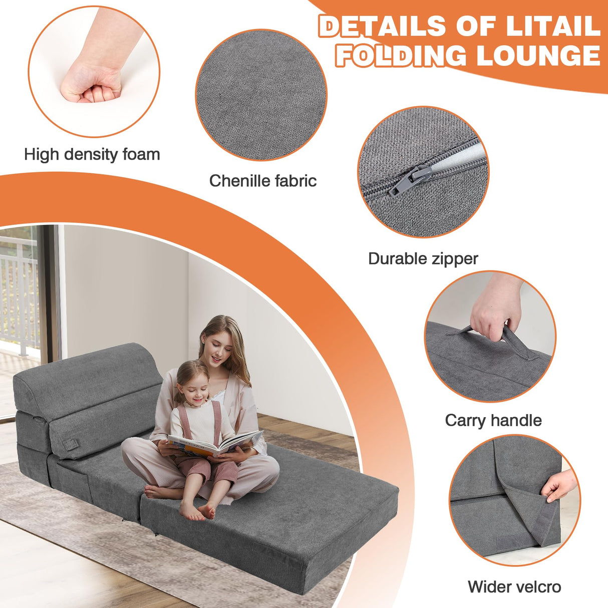 LitaiL Comfy Folding Sofa Bed - Grey Convertible Sleeper Sofa Fold Out Sleeper Chair Couch for Living Room Bedroom Guest, Foldable Floor Chair Lounger Mattress with Back Support for Travel, Camping LitaiL