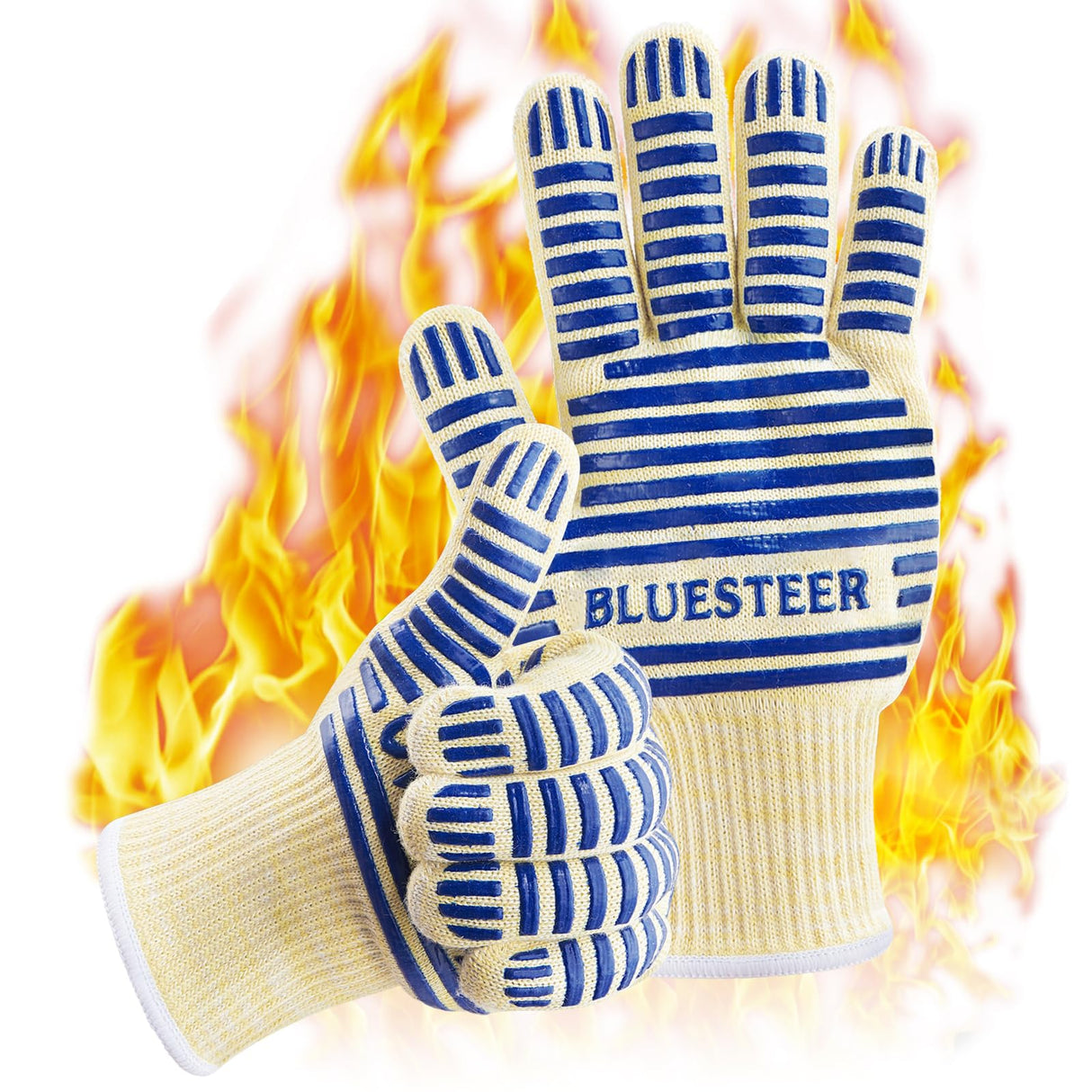 Oven Gloves, Heat Resistant 540 Degrees Grilling Gloves, Hot Surface Handler Non-Slip Silicone Oven Mitts with Fingers, BBQ Gloves for Cooking/Kitchen/Baking, Pack of 2 BLUESTEER