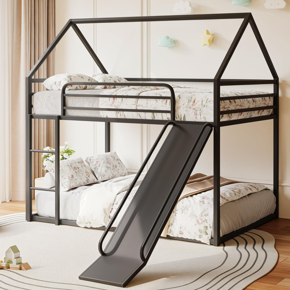 Lodoba Twin Over Twin Low Bunk Bed with Convertible Slide, Bunk Bed for Kids,Montessori Floor Bunk Bed Frame with Full-Length Guardrail,Floor bunk Bed for Boys Girls Teens,Light Black Lodoba