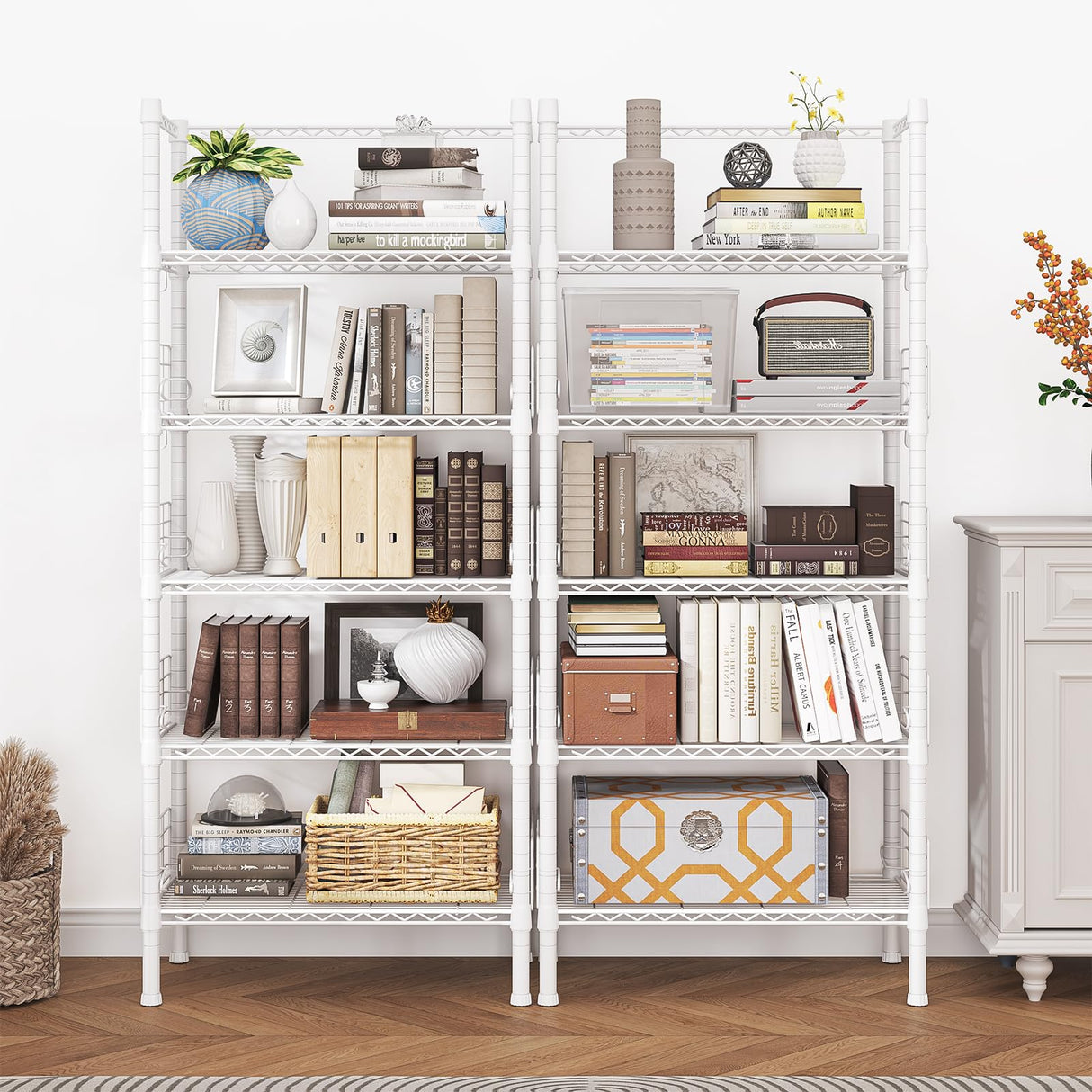 FUTASSI Metal Storage Rack, Storage Organizer Shelves for Kitchen, Bathroom, Living Room, Balcony and Garage, 5 Tiers Narrow Bookshelf, 21.2" W x 9.4" D x 59.2" H, Load 400lbs, White FUTASSI