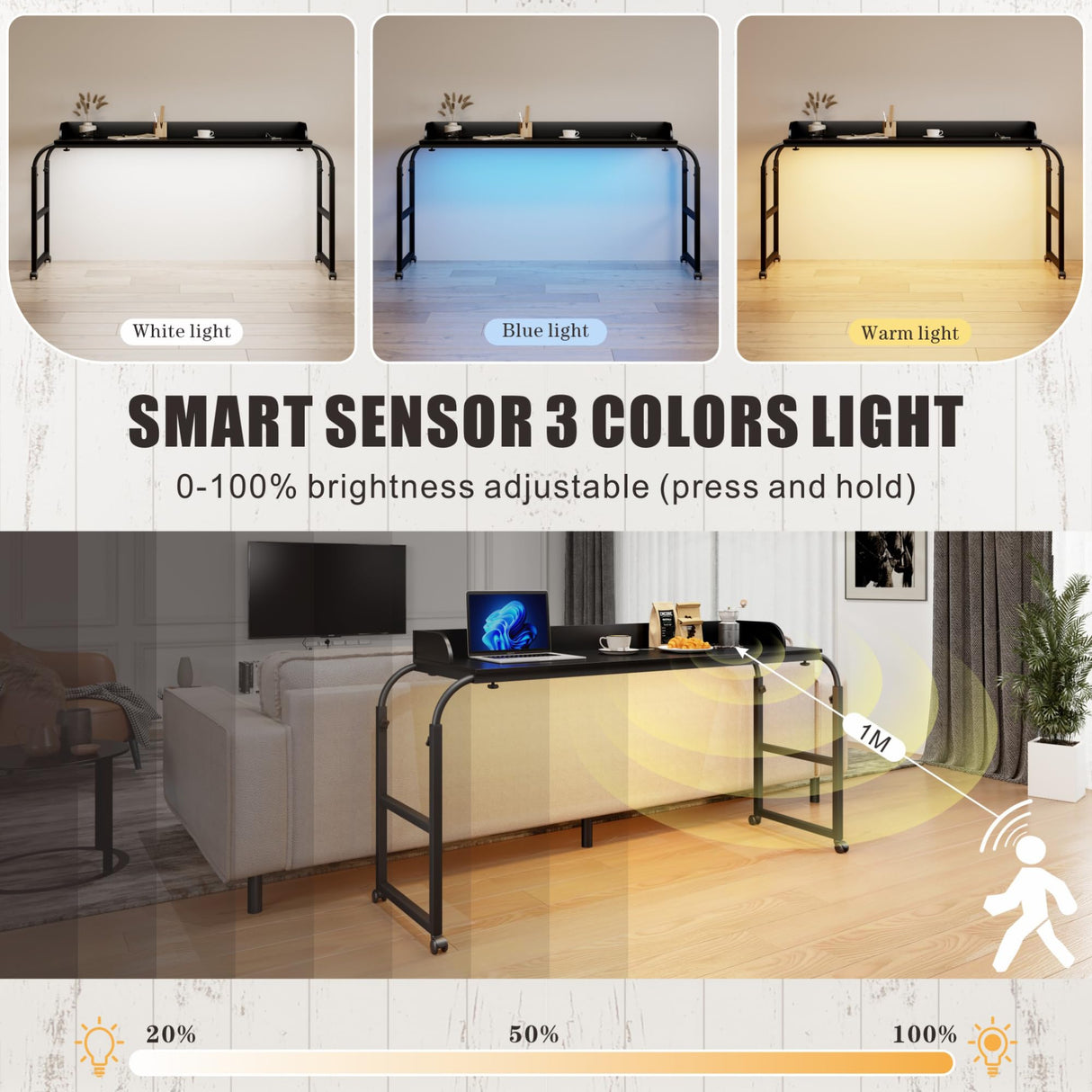 HWB Over Bed Desk with Auto-Sensor LED Lights,Over Bed Table with Wheels Adjustable Height with Charging Station,Beside Table,Rolling Tray Table for Laptop and Writing for Living Room,Black HWB