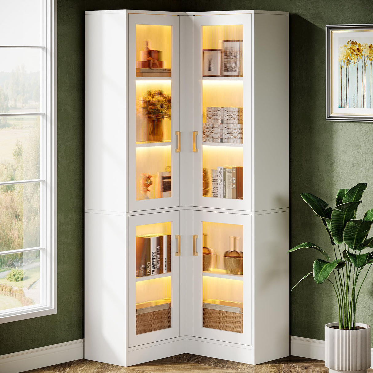 Tribesigns 70.9" Tall Bookcase with LED Light, Modern 5-Tier Bookshelf Display Cabinet with 4 Acrylic Doors, L-Shaped Corner Storage Cabinet for Bedroom Living Room Office, White Tribesigns