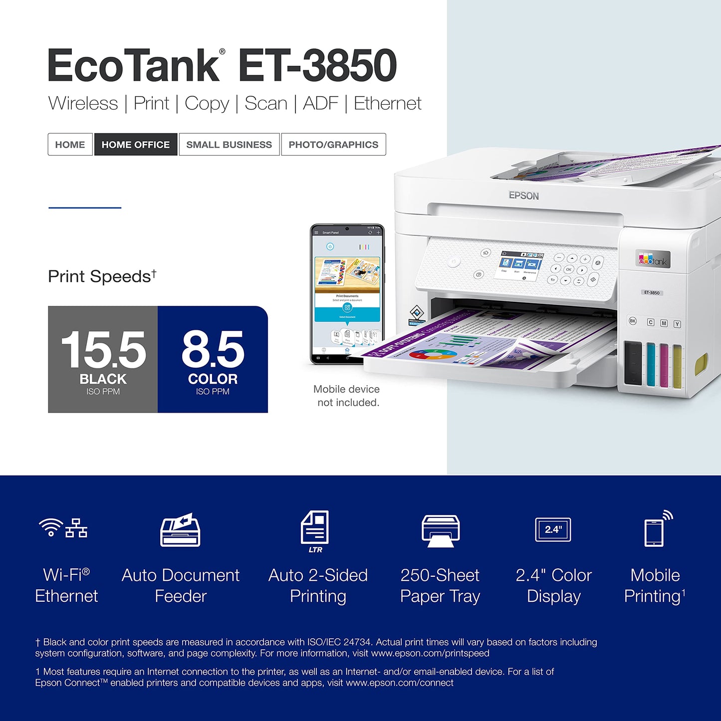 Epson EcoTank ET-3850 Wireless Color All-in-One Cartridge-Free Supertank Printer with Scanner, Copier, ADF and Ethernet – The Perfect Printer Home Office,White