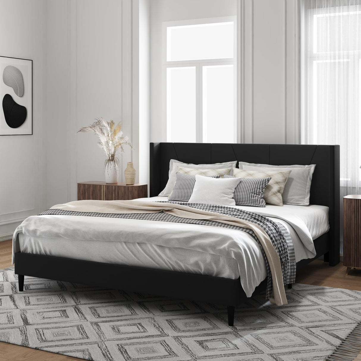 OLALITA King Size Upholstered Platform Bed, King Frame with Tufted Headboard, Sturdy Frame Wooden Slats, No Spring Mattress Required, Noiseless, Easy to Assemble, Black OLALITA