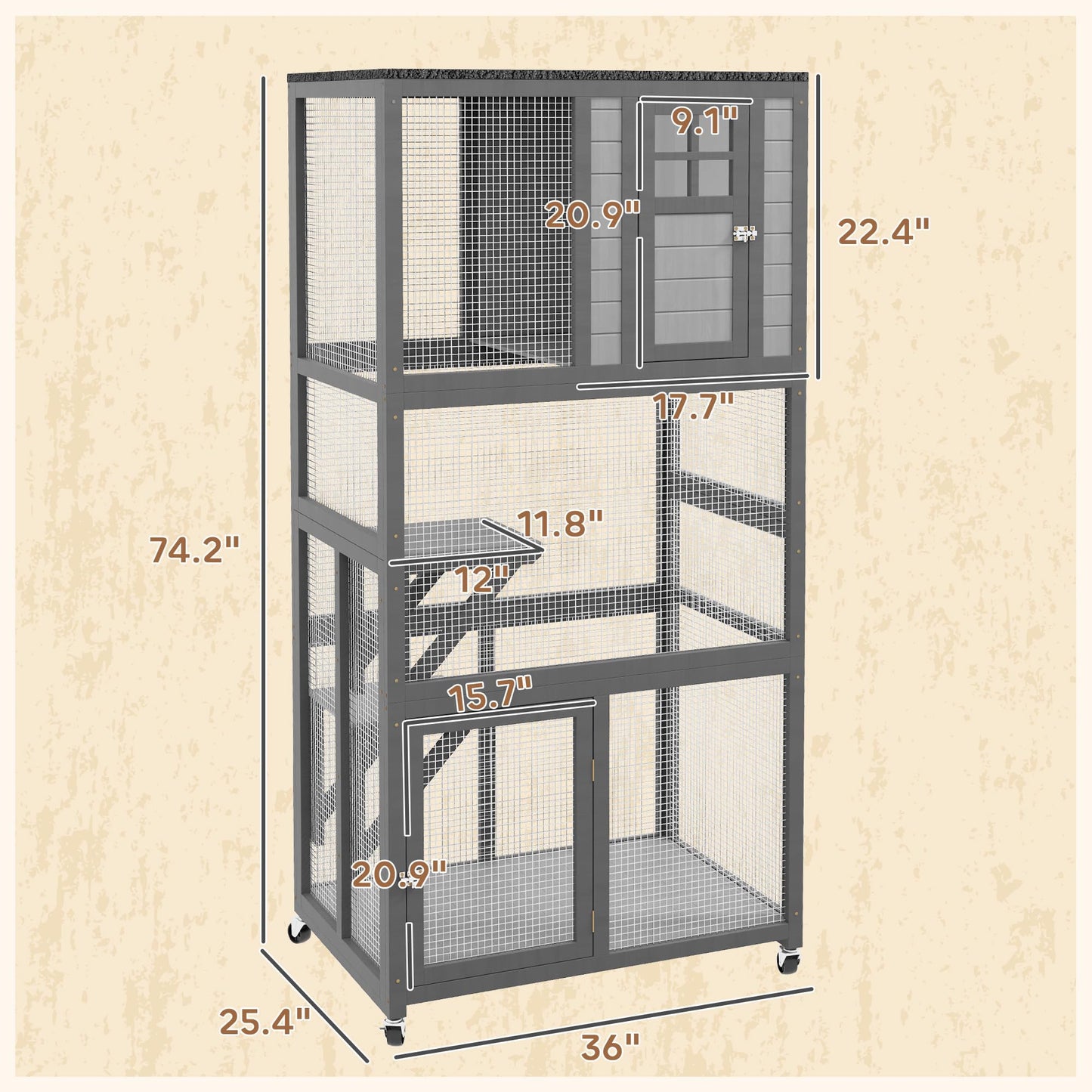 PawHut 74" Wooden Catio Outdoor Cat House Weatherproof & Wheeled, Outside Cat Enclosure with High Weight Capacity, Kitten Cage Condo, Light Gray - WoodArtSupply