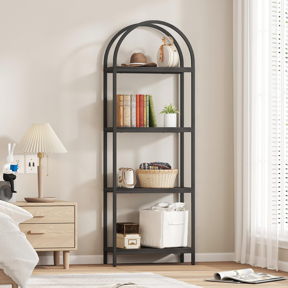 Yusong Bookshelf 4 Tier Arched Bookcase, 71.3" Tall Industrial Open Book Shelves for Living Room, Modern Freestanding Display Shelving Unit Storage Rack with Metal Frame, Office, Bedroom, Black Yusong