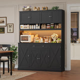 HIFIT 72.8” Tall Kitchen Pantry Cabinet with LED & Charging Station, 55” Wide Farmhouse Pantry Storage Cabinet with Microwave Stand&Shelves&Barn Doors, Black Kitchen Hutch Coffee Bar for Living Room HIFIT