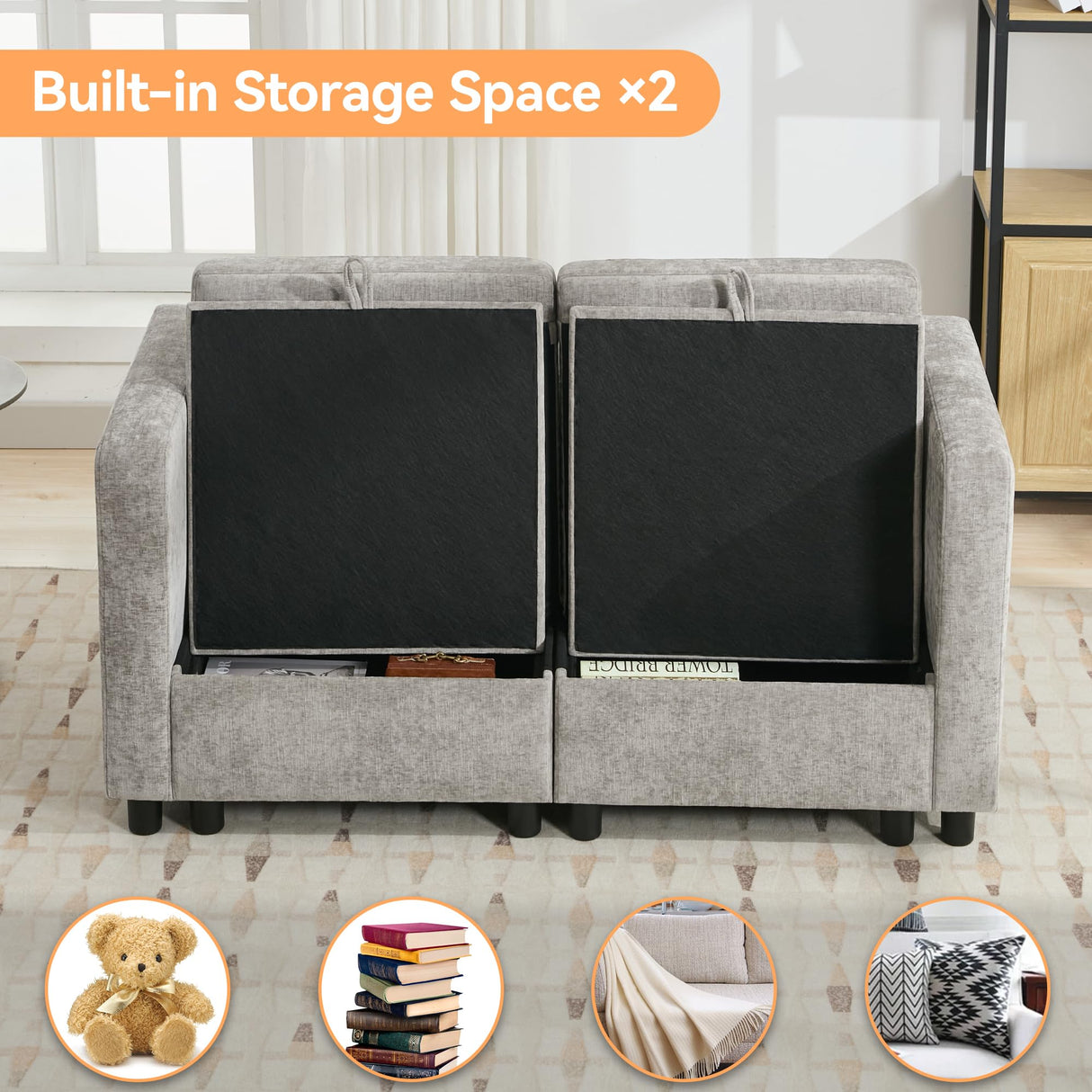 WUTUTUEE 58”Modular Sectional Loveseat Sofa, Modern Love Seat 2 Seater Sofa Couch with Storage, Chenille Modular Sectional Couch for Living Room, Bedroom, Office, Small Apartment, Light Grey WUTUTUEE