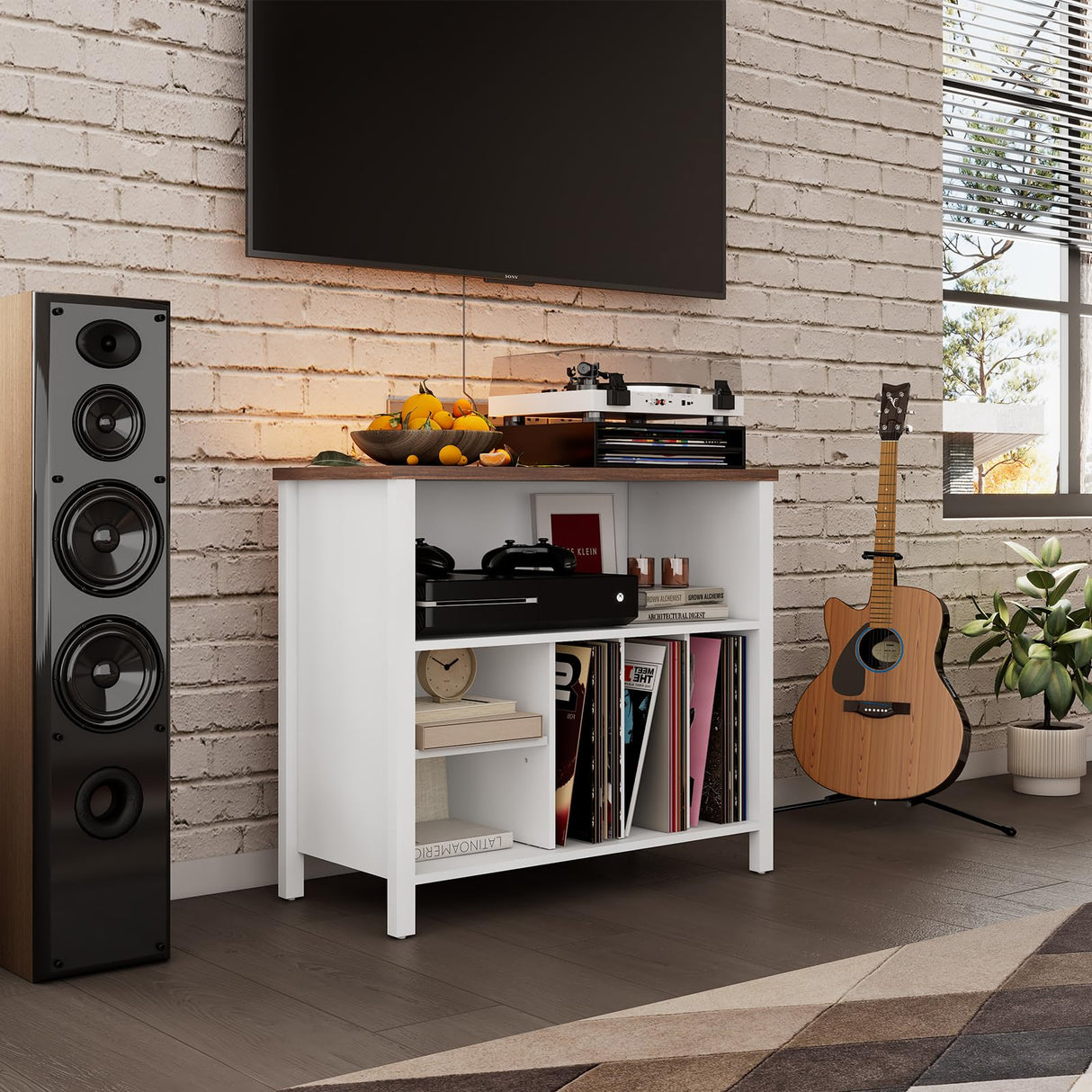 Record Player Stand, Mid-Century Vinyl Record Storage Cabinet, 3-Tier Record Player Holder, Turntable Stand with 4 Cabinet up to 220 Albums, End Table for Bedroom Music Room Living Room, White FFBCFDK