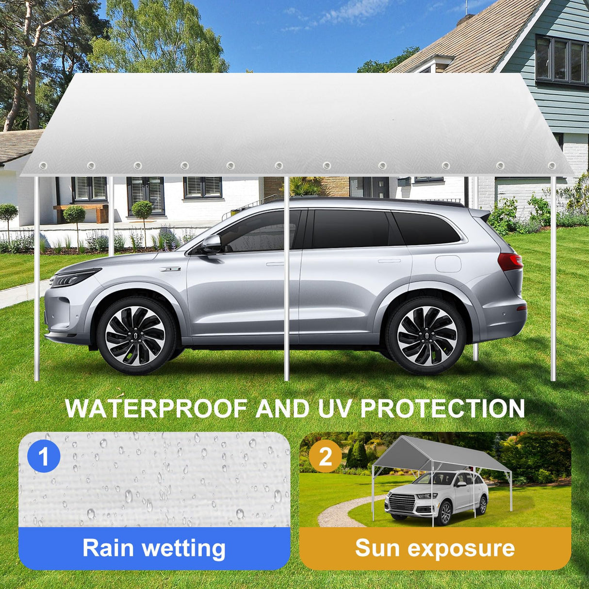 10' x 20' Canopy Replacement Cover for Carport, 220G Heavy Duty Replacement Top Cover for Car Garage, Waterproof & UV Protected Tarp with 48 Ball Bungees (Only Cover, Frame Not Included), White Buzleer