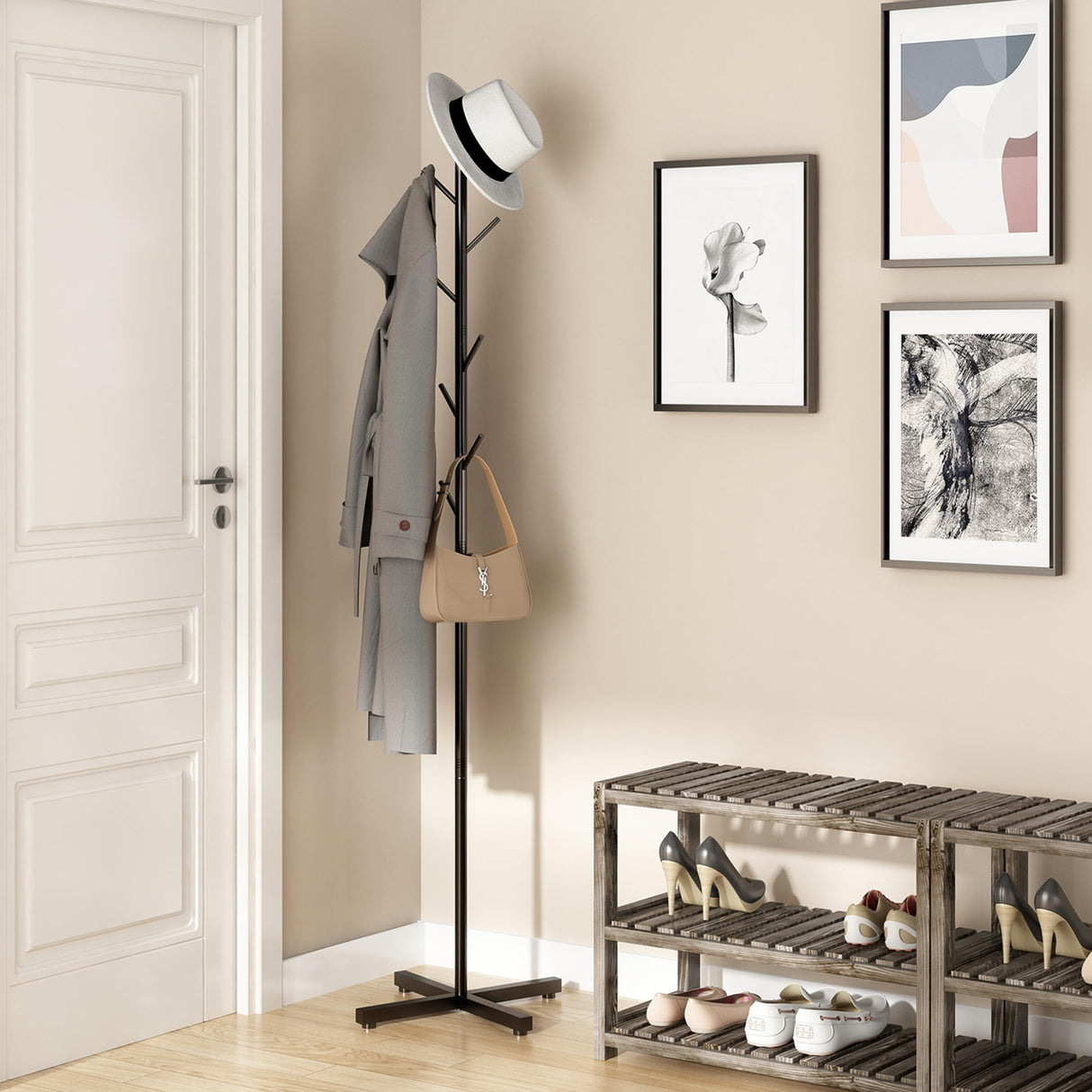 Wisdom Star Metal Coat Rack Freestanding, Hall Tree Coat Rack Stand, Heavy Duty Clothes Rack, Corner Hanging Clothes Rack for Jacket, Hats, Bags, Entryway, Living Room, Bedroom, Home Office, Black Wisdom Star