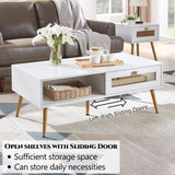 Wooden Mid Century Modern Coffee Table, Retangle Coffee Table with Sliding Door for Living Room, White KACVON