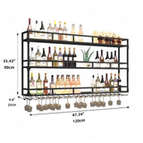 PIKYsailed 47 Inch Metal Wine Rack Wall Mounted, Bar Shelves Wall Mounted with LED Light, Large 3-Tier Liquor Bar Display Shelf with Hang Mugs and Wine Glasses for Home Bars & Kitchen, Black PIKYsailed