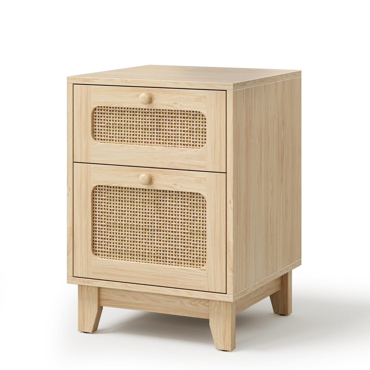 Callales Modern Wicker Rattan Stand Set of 2,Rattan Stand with Drawer and Charge Station, Wooden Side End Table for Small Spaces, Natural Wood BedsideTable for Bedroom,Easy Assembly Callales