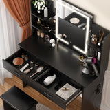 SMOOL Vanity with Lighted Mirror, Makeup Vanity Desk with Power Outlet, 3 Color Light Options Adjustable Brightness, Vanity Table with 6 Storage Shelves, 2 Large Drawers and Cushioned Stool, Black SMOOL