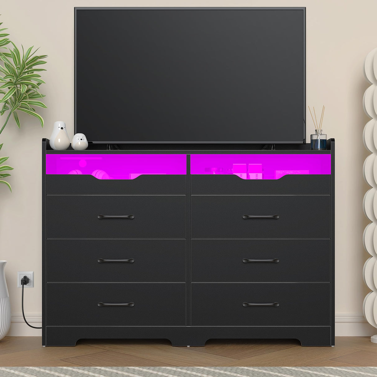 OTUTUMUS 6 Drawer Dresser for Bedroom with Charging Station & LED Light, 47.2" Black 6 Drawer Dresser with 2 Pull-Out Tray, Wood Dresser Organizer for Living Room/Closet/Hallway OTUTUMUS