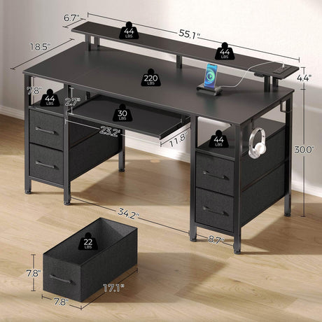 Seventable Computer Desk 55.1" with LED Lights & Power Outlets, Home Office Desk with 4 Drawers, Writing Desk with Keyboard Tray, Study Desk with Monitor Stand, Work Desk for Home Office, Black Seventable