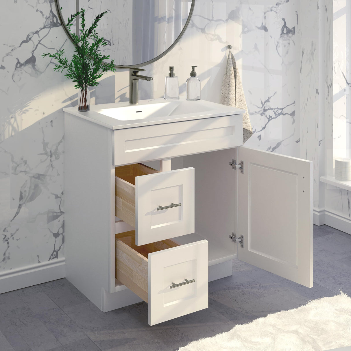 White Shaker Sink Base Bathroom Vanity with Drawers 30" Ready-to-Assemble Cabinet WoodArtSupply