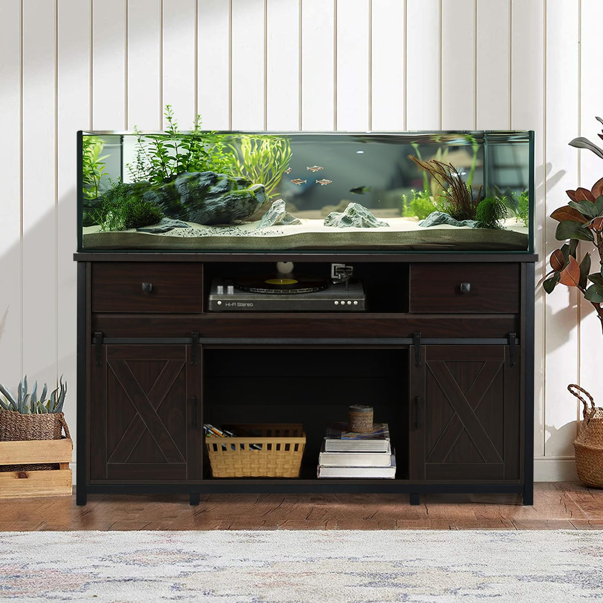 Fantico 75-120 Gallon Aquarium Stand with Power Outlets - Dual Aquarium Support, Cabinet Storage, Thick Hardwood Top, Versatile Socket with Adjustable Panels, 1200 lbs Capacity, Dark Brown Fantico