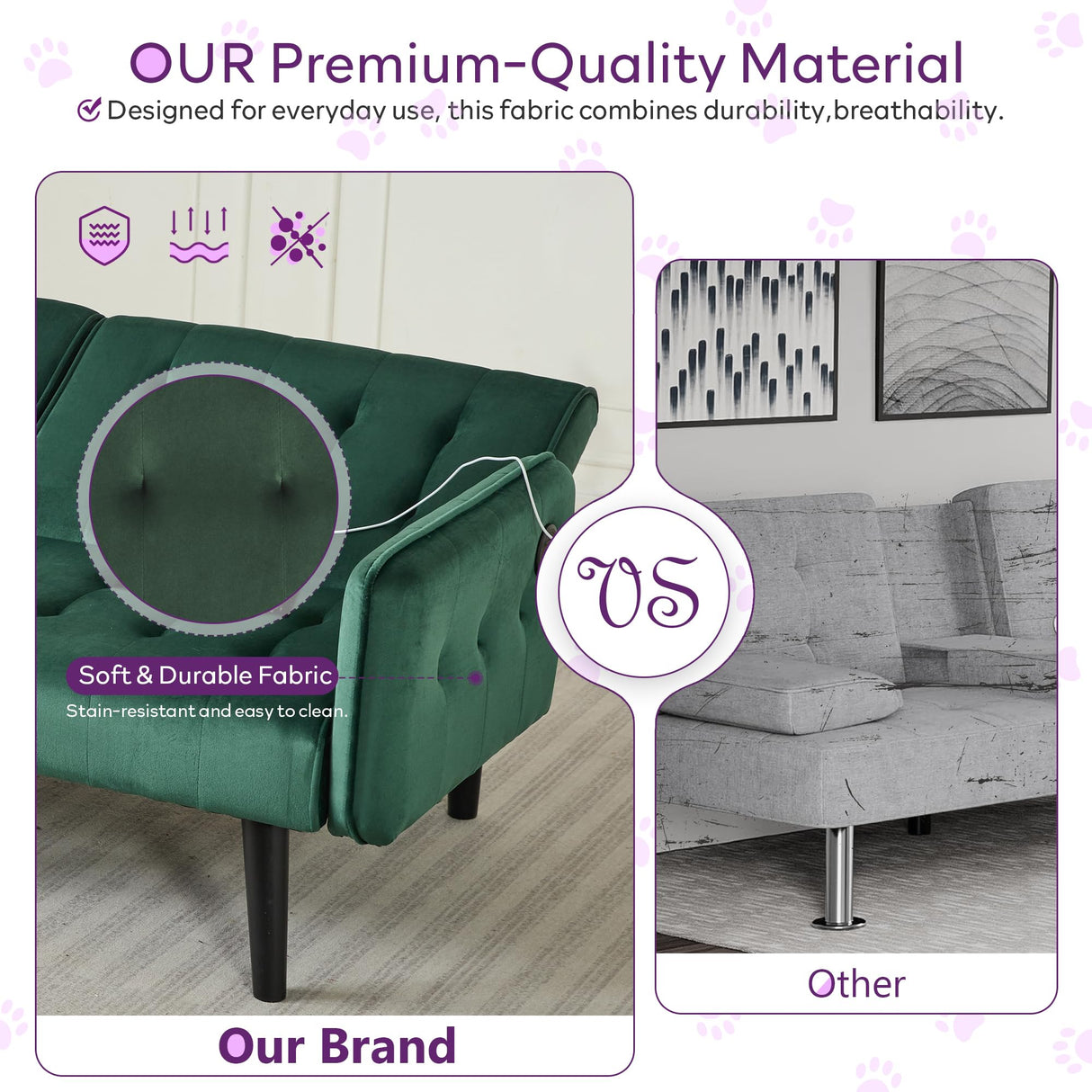 TYBOATLE 65" W Velvet Modern Convertible Folding Futon Couch Sofa Bed w/ 2 USB Charging Ports and arms, Loveseat for Living Room, Office, Apartment, Bedroom (Green) TYBOATLE