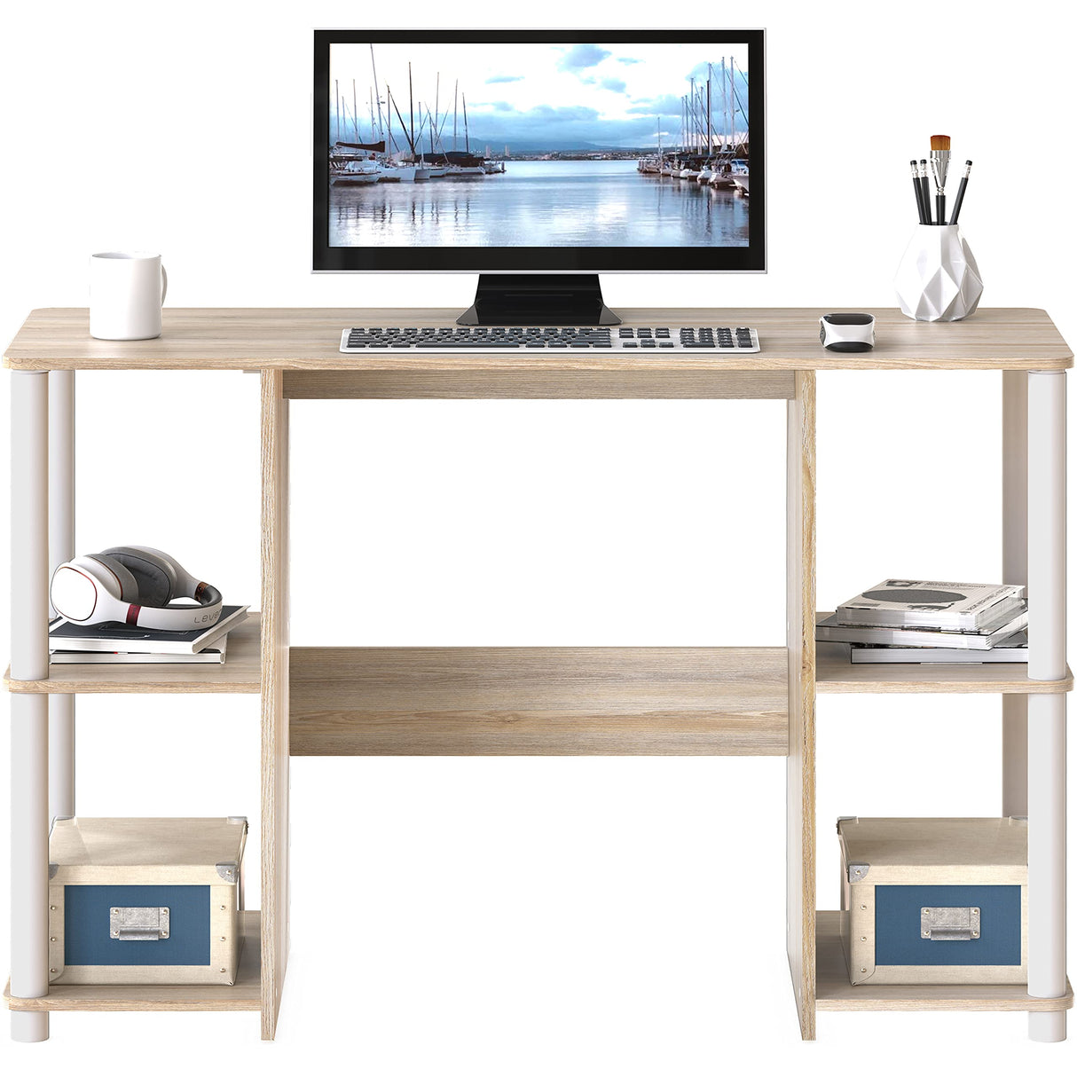 SHW Home Office Wood Desk with Double Sided Shelves, Oak SHW