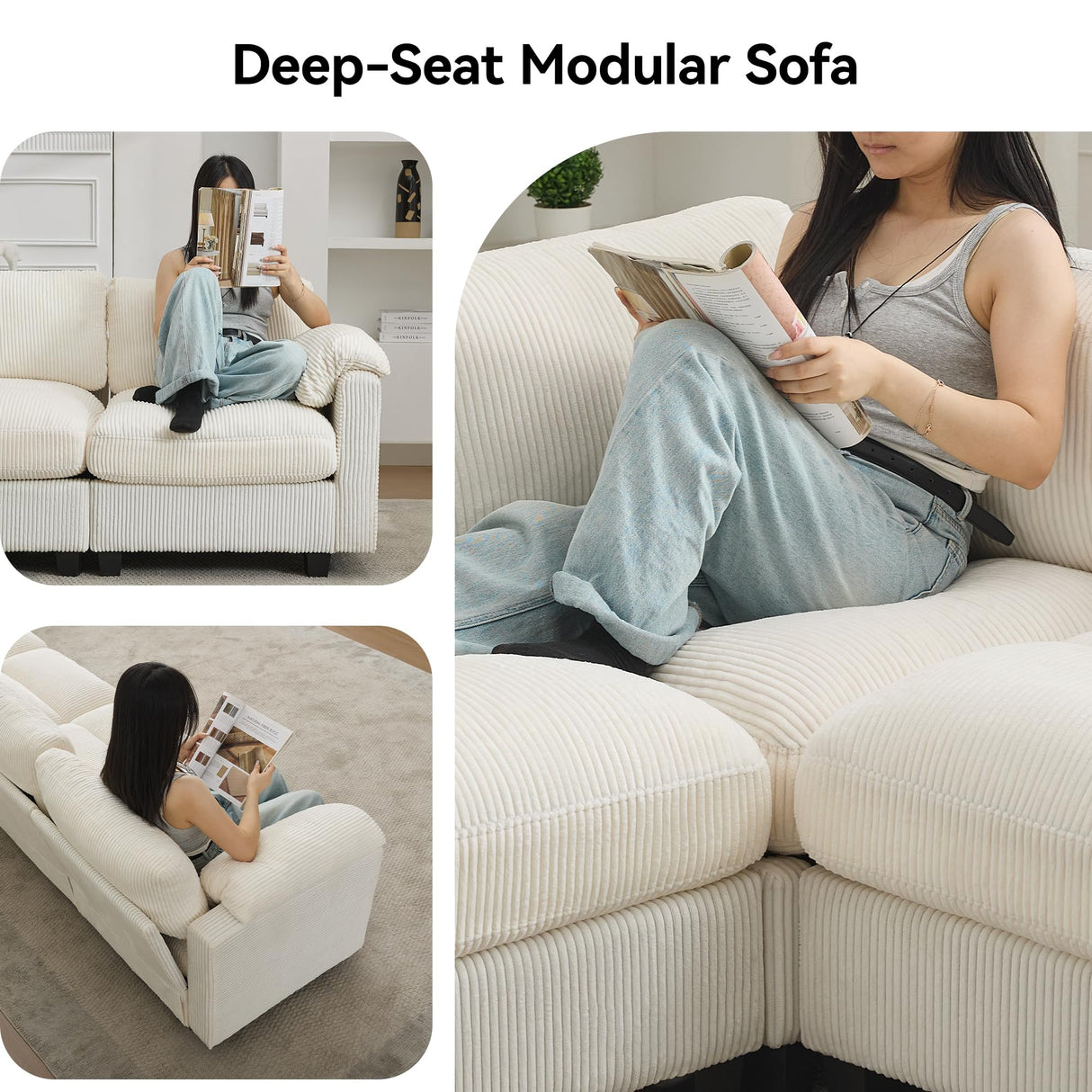 67'' Modular Loveseat Sofa, Extra Deep Seat Cloud Couch for Living Room, Corduroy Deep Seat Sofa with Armrest Pillows, Center Stitched, Beige Hatppto