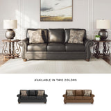 Signature Design by Ashley Chatterton Rustic Faux Leather Sofa with Nailhead Trim and 2 Throw Pillows, Black Signature Design by Ashley